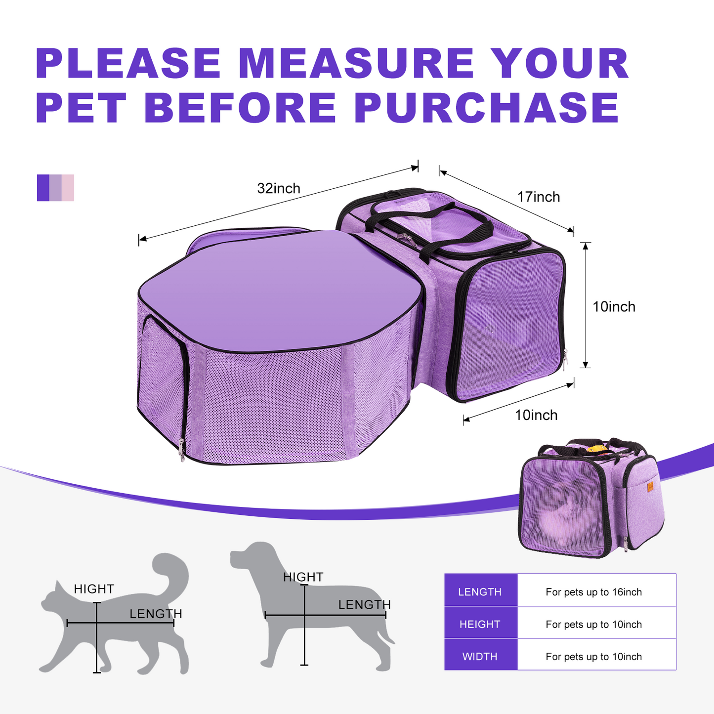 Pet Carrier Travel Bag 3 in 1 Detachable - purple