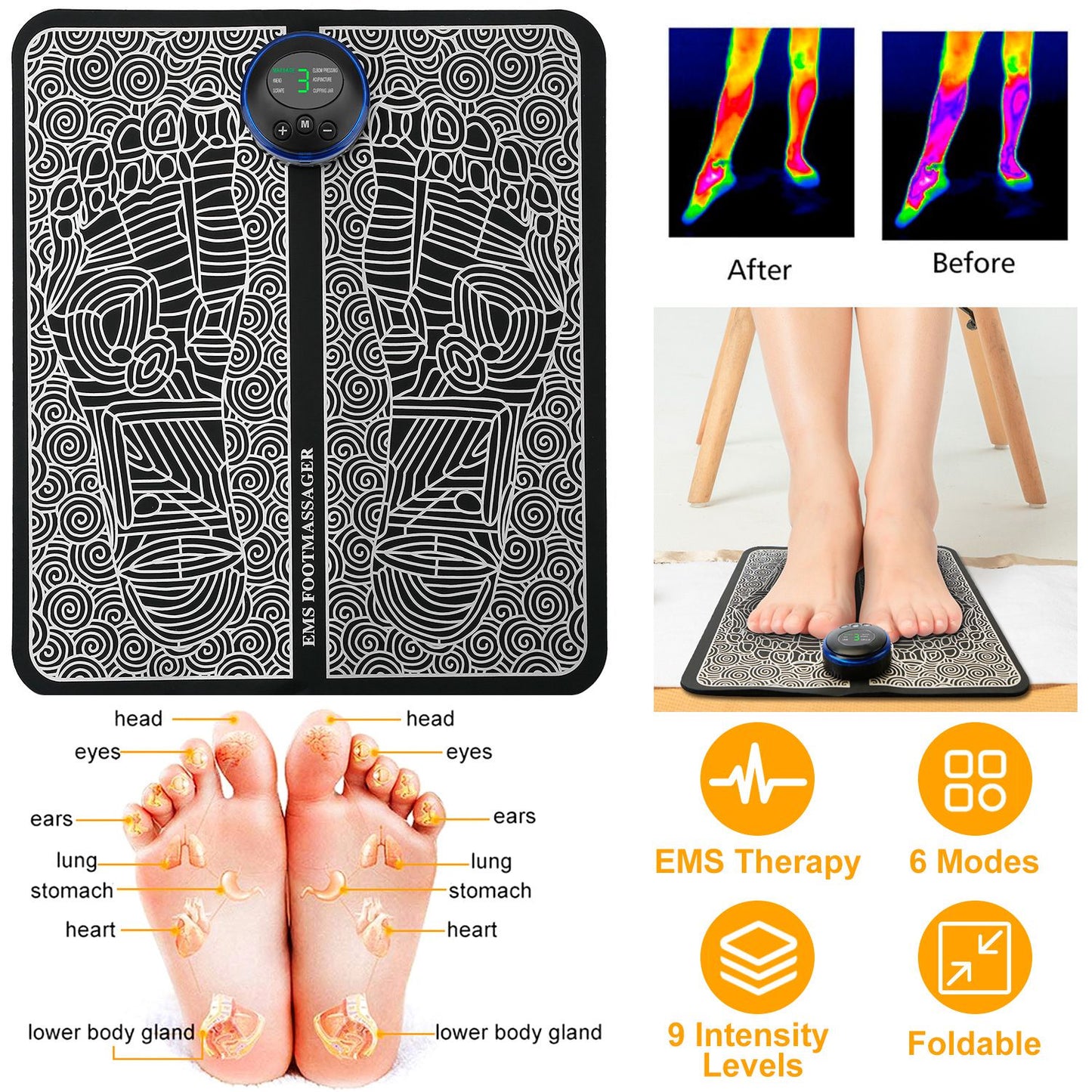 Rechargeable EMS Foot Massage Pad with Adjustable 6Modes and 9Intensities