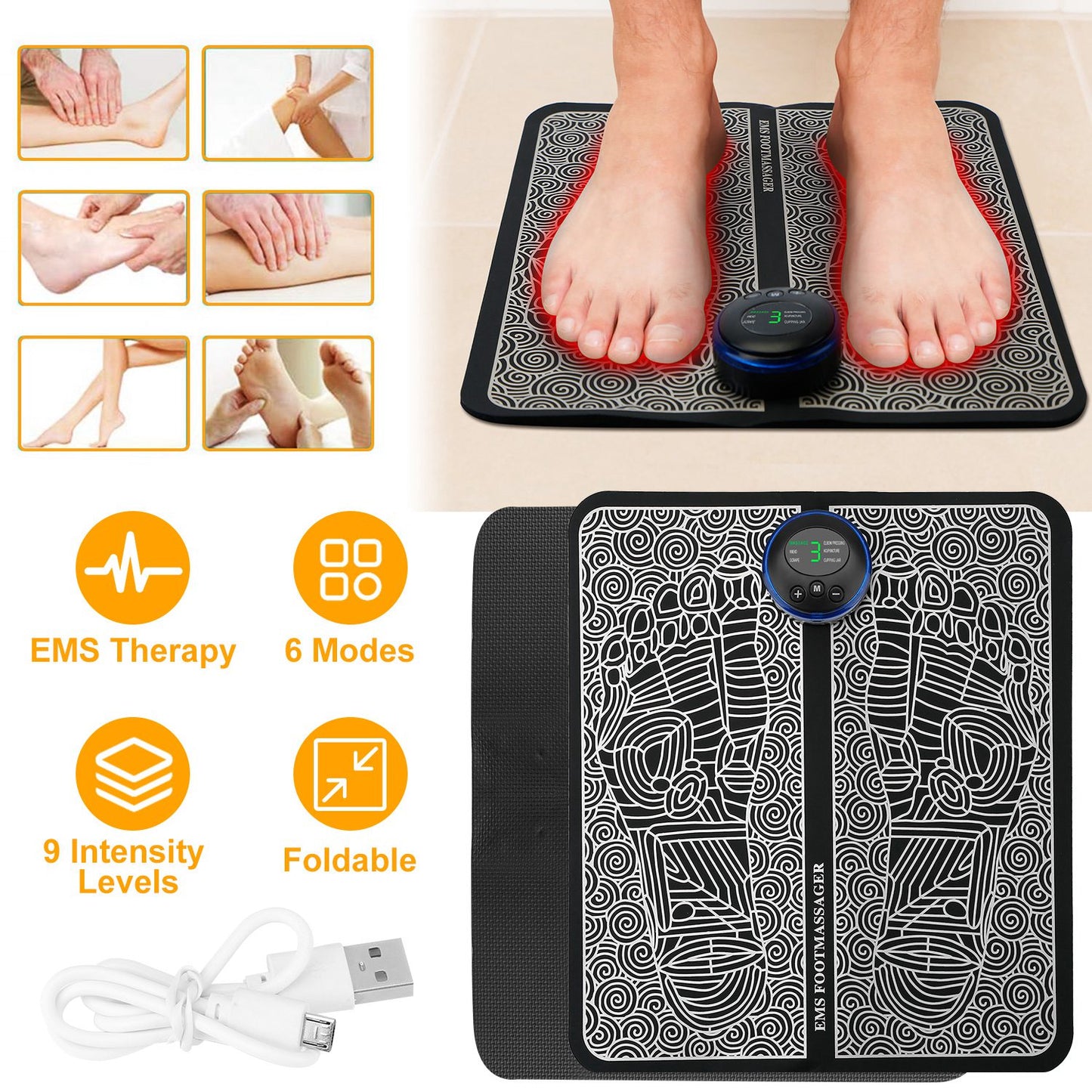 Rechargeable EMS Foot Massage Pad with Adjustable 6Modes and 9Intensities