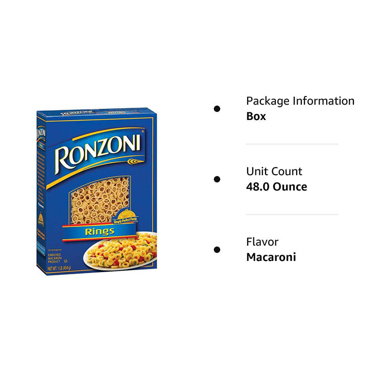 Ronzoni Rings Enriched Macaroni Non GMO 16 Oz. Pack Of 3.