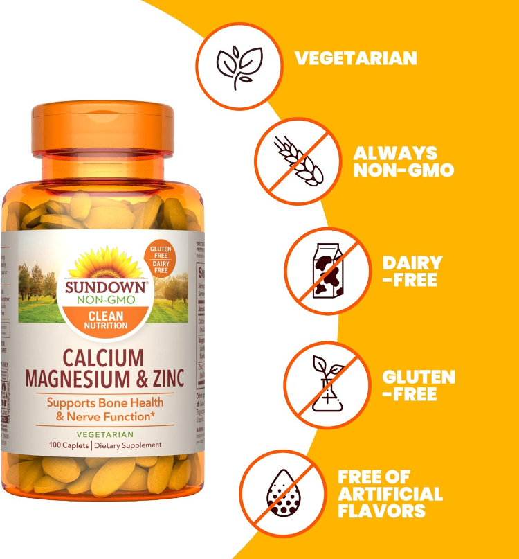 Sundown Calcium Magnesium Zinc - Immune, Bone & Nerve Health Support, 100 Caplets