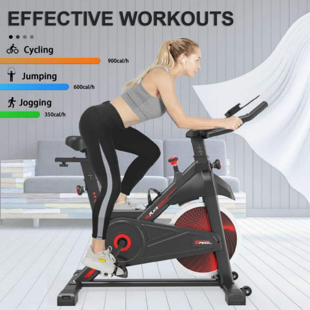 Indoor Steel Cycling Exercise Bike with Comfortable Cusion, LCD Display and Hand Pulse Black Red