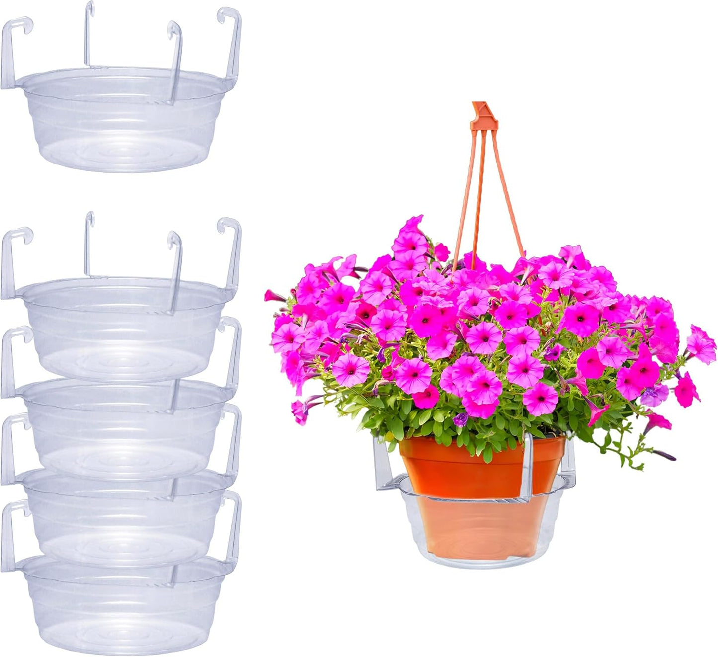 Plastic Hanging Basket Drip Pans – 5-Pack Clear Round Saucers (9” Base, 12” Top)