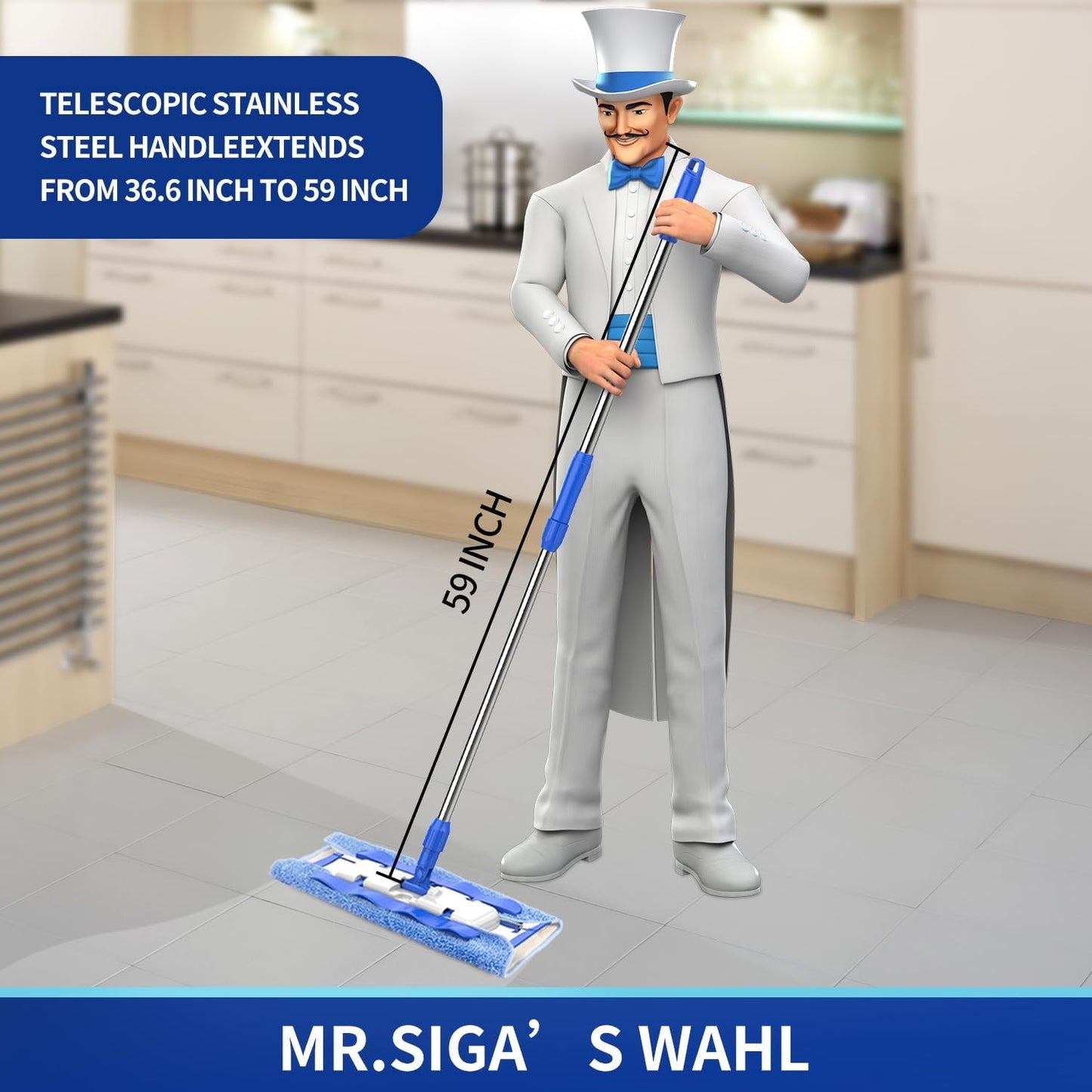 MR.SIGA Professional Microfiber Mop - 3 Reusable Refills & Dirt Removal Scrubber