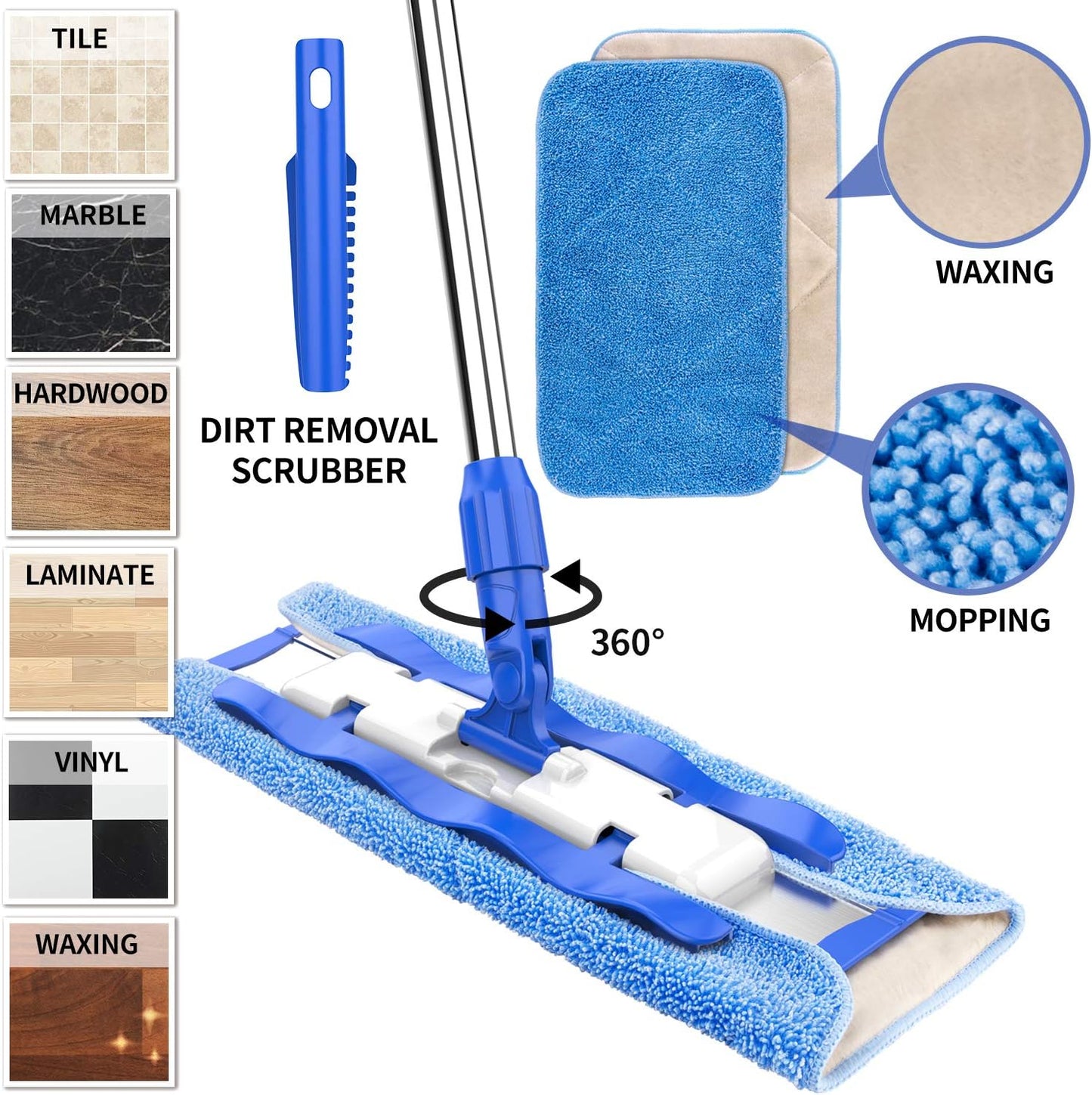 MR.SIGA Professional Microfiber Mop - 3 Reusable Refills & Dirt Removal Scrubber