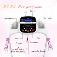 Foldable Electric Treadmill with LCD Display and Phone Slot Pink and White