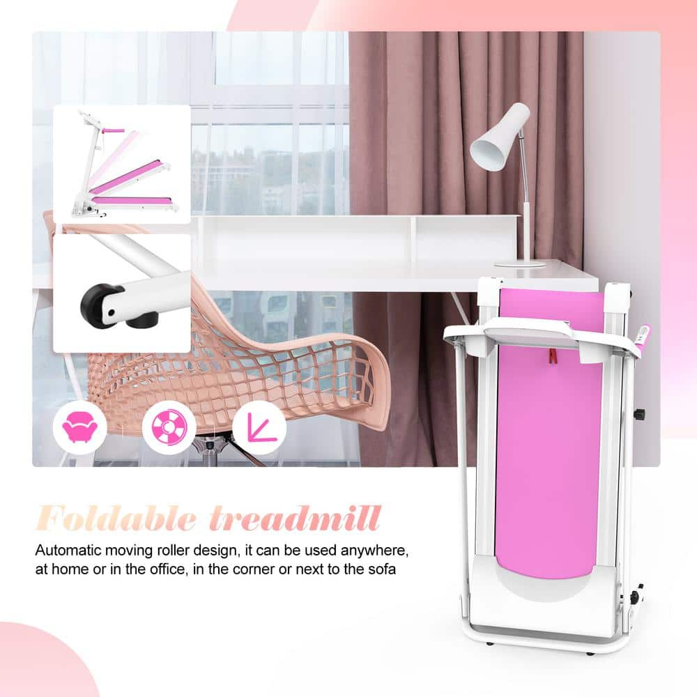 Foldable Electric Treadmill with LCD Display and Phone Slot Pink and White