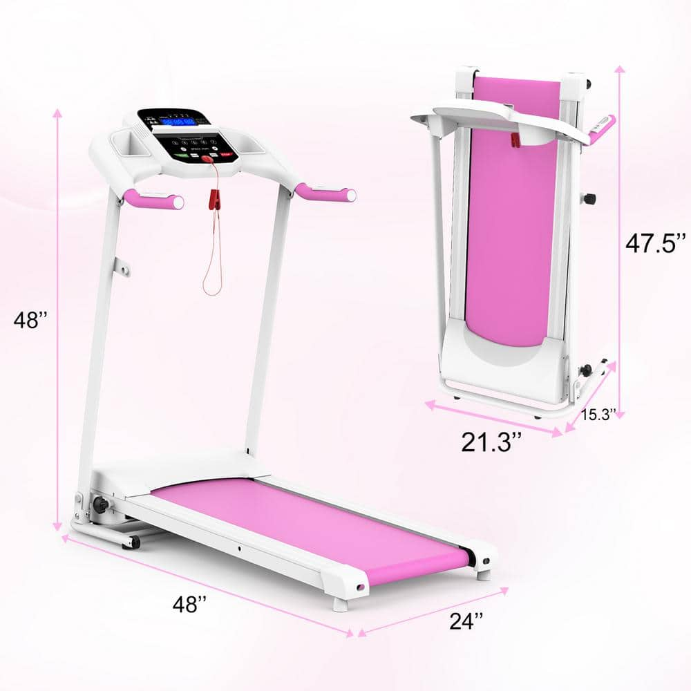 Foldable Electric Treadmill with LCD Display and Phone Slot Pink and White