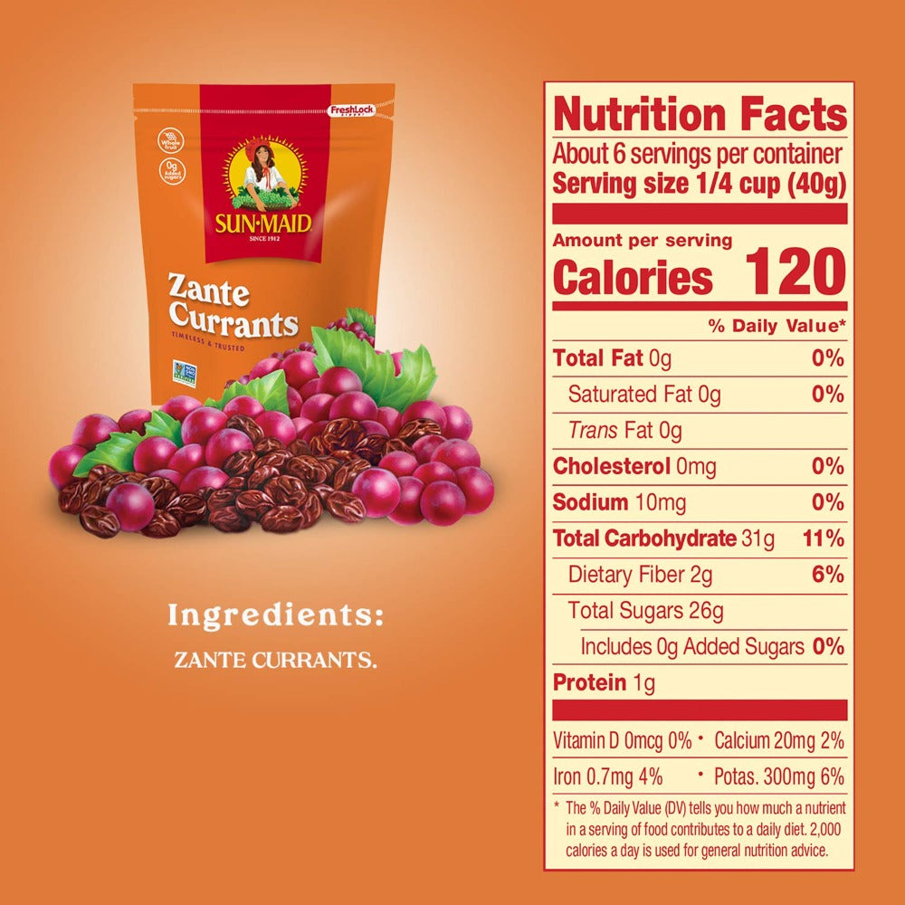 Sun-Maid California Zante Currants Snack Bags Whole Natural Dried Fruit, 8oz